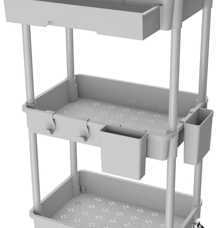 3 Tier Rolling Utility Cart with Drawer, Utility Cart Made of Multifunctional Storage Organizer Tool for Kitchen,Bathroom,Living Room,Office(Gray)