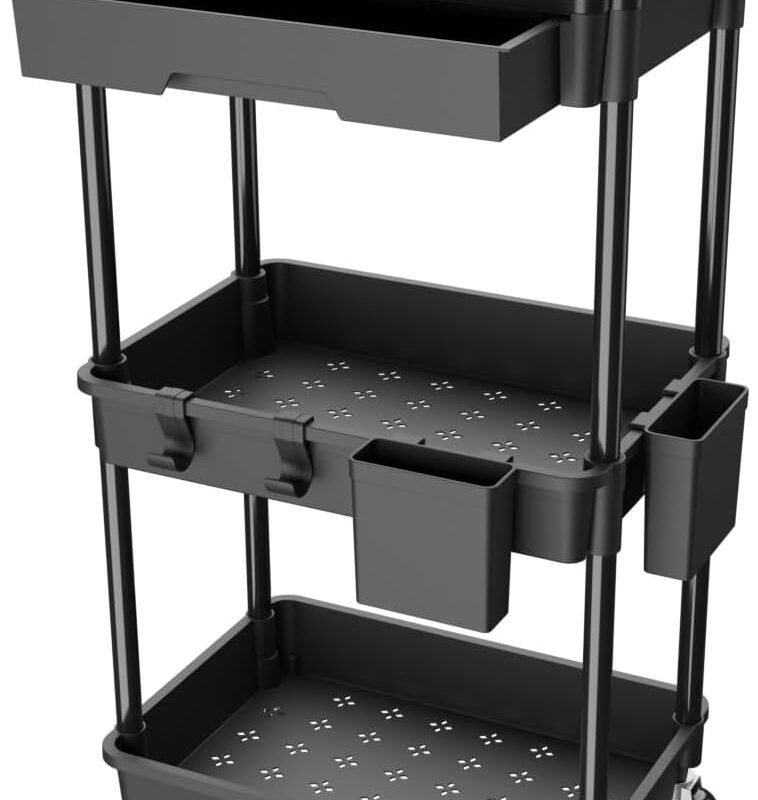 3 Tier Rolling Utility Cart with Drawer, Utility Cart Made of Multifunctional Storage Organizer Tool for Kitchen,Bathroom,Living Room,Office(Black)