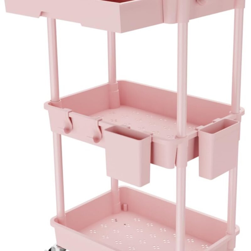 3 Tier Rolling Utility Cart with Drawer,Storage Cart,Rolling Cart for Kitchen,Bathroom,Living Room,Storage Organizer with Iron Wheels(Pink