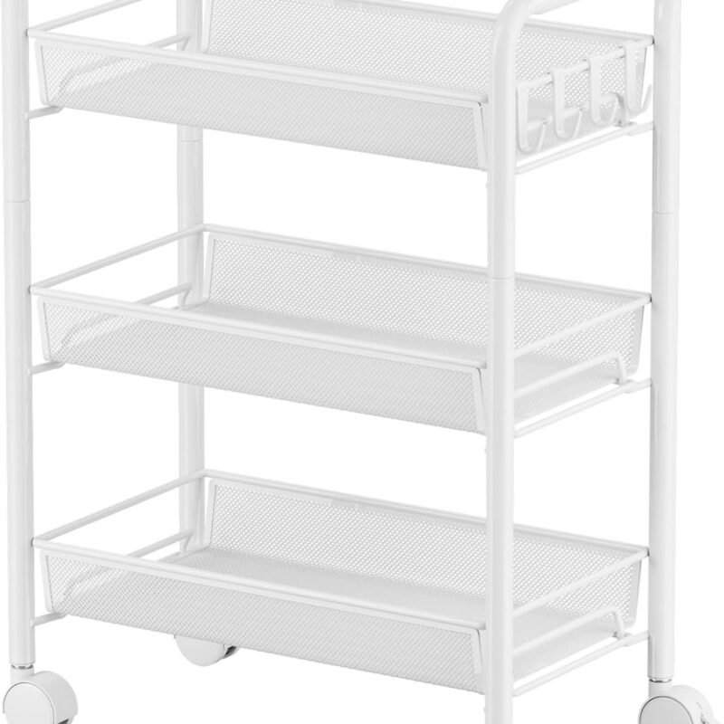 3-Tier Rolling Utility Storage Rack Cart on Wheels, Trolley Craft cart, Multi-Purpose Organizer Shelf, White