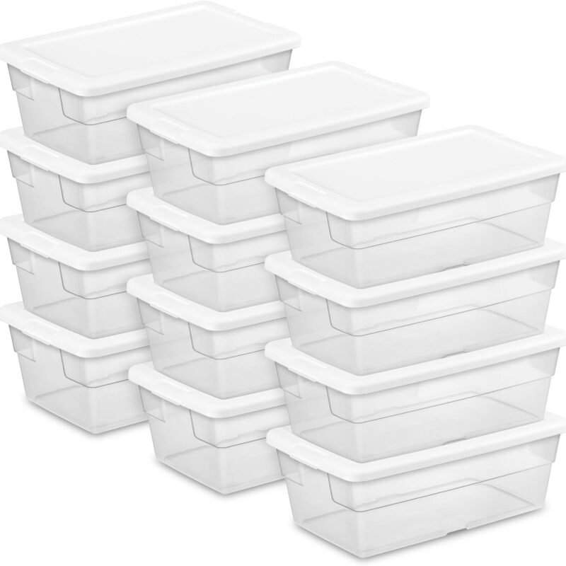 12-Pack 6 Quart Storage Box, Stackable Clear Plastic Bins with Snap-On Lids - Heavy-Duty Organizing Containers for Closet, Bathroom, and Office