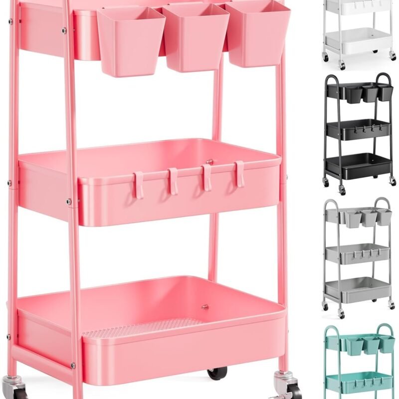3 Tier Metal Rolling Cart with Lockable Wheels and Handle, Three Tiered Pink Trolley Cart on Wheels, Utility Storage Organizer for Bathroom, Kitchen, Teachers, Art, Crafts, Baby Diaper, Snack, Nail