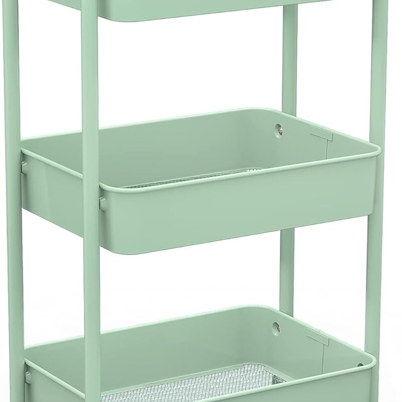 3-Tier Rolling Metal Storage Organizer - Mobile Utility Cart, Kitchen Cart with Caster Wheels (Aqua Green)