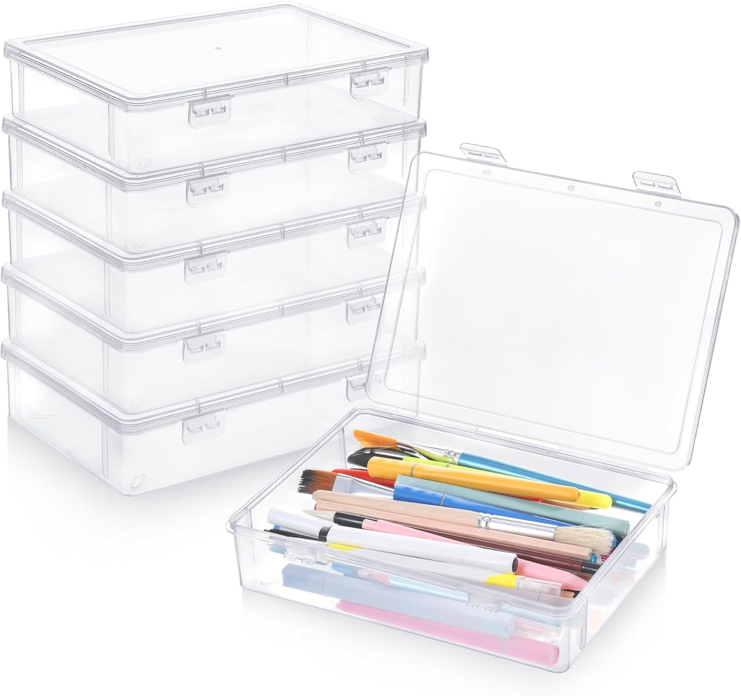6 Pcs Plastic Storage Boxes with Lids, 9 x 6.5 x 2 Inch Clear Rectangular Plastic Box Multipurpose Craft Organizers Small Storage Containers for Pencils, Beads, Craft Accessories, Small Items