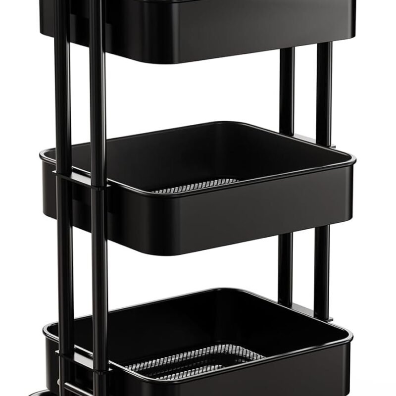 3 Tier Mesh Utility Cart, Rolling Metal Organization Cart with Handle and Lockable Wheels, Multifunctional Storage Shelves for Kitchen Living Room Office Black