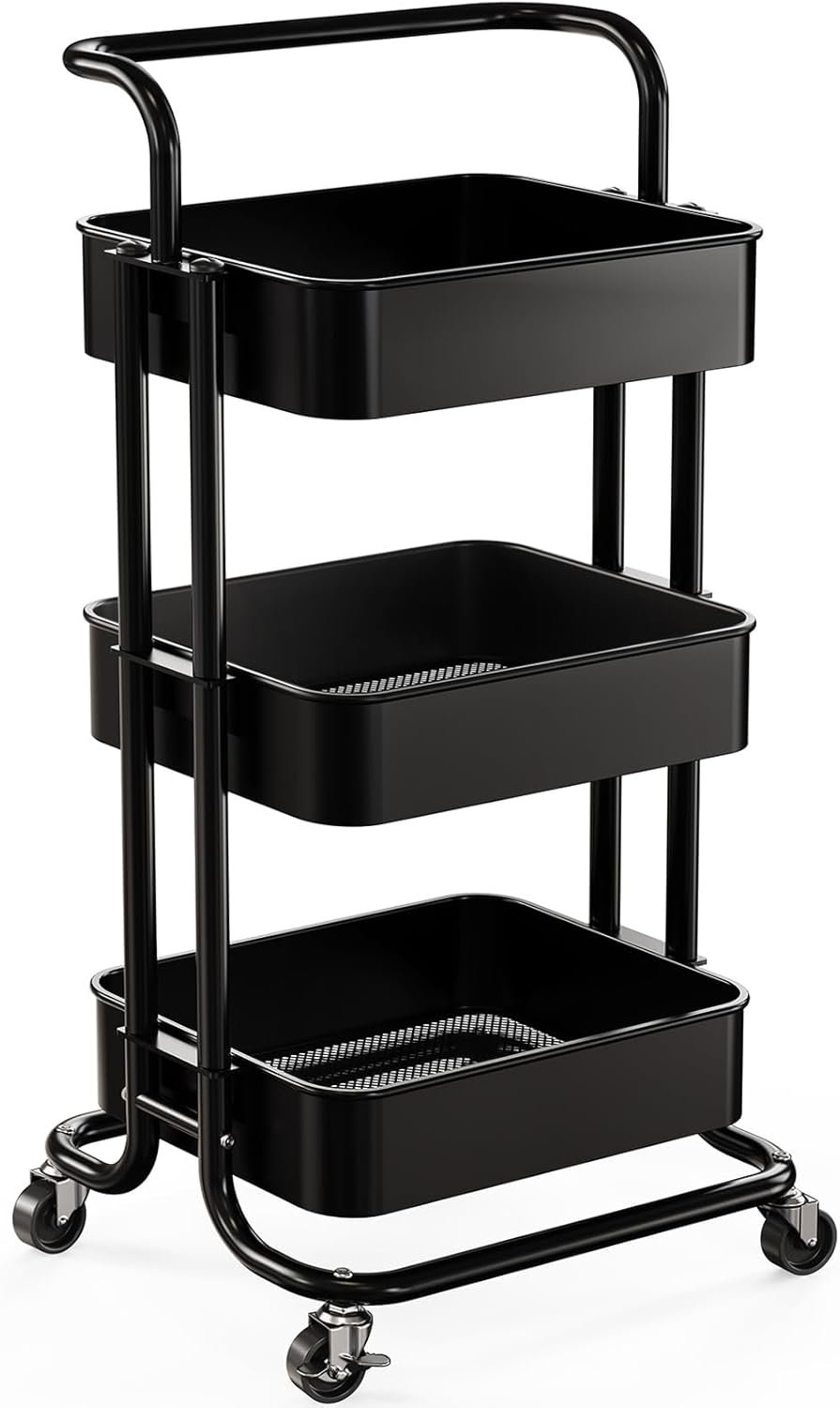 3 Tier Mesh Utility Cart, Rolling Metal Organization Cart with Handle and Lockable Wheels, Multifunctional Storage Shelves for Kitchen Living Room Office Black