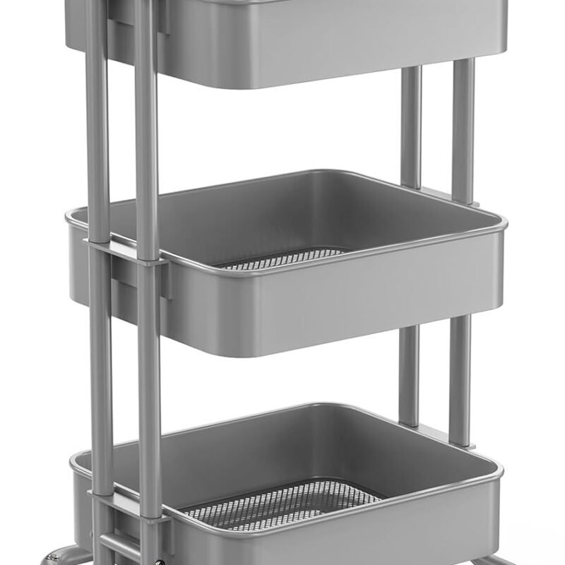 3 Tier Mesh Utility Cart, Rolling Metal Organization Cart with Handle and Lockable Wheels, Multifunctional Storage Shelves for Kitchen Living Room Office Grey