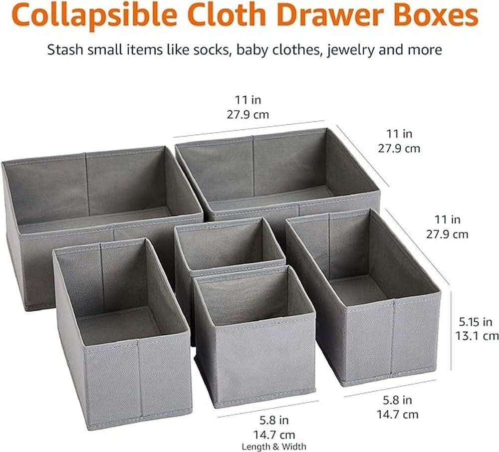 Cloth Drawer Storage Organizer Boxes for Socks, Underwear and Baby Items, Set of 6, Gray - Image 2
