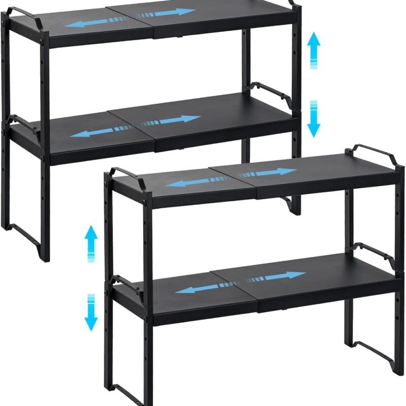 4 Pack Kitchen Cabinet Shelves Organizers, Kitchen Counter Storage Shelf Spice Rack, Expandable Length, Adjustable Height, Stackable, Sturdy 30LBS Bearing, Small Cupboard Tabletop Organizer Shelf Rack