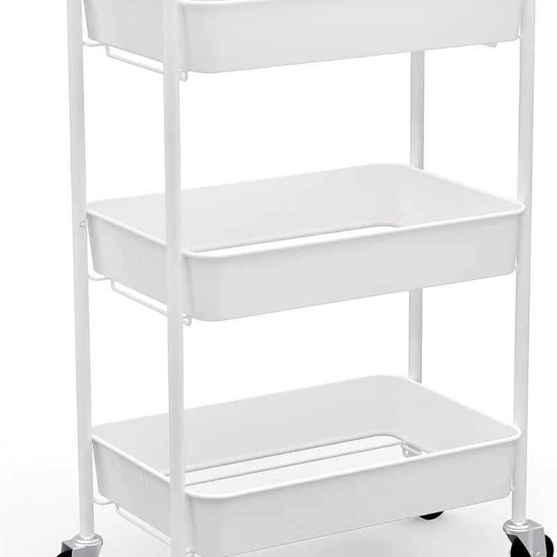 3-Tier Rolling Metal Storage Organizer - Mobile Utility Cart Kitchen Cart with Caster Wheels, White