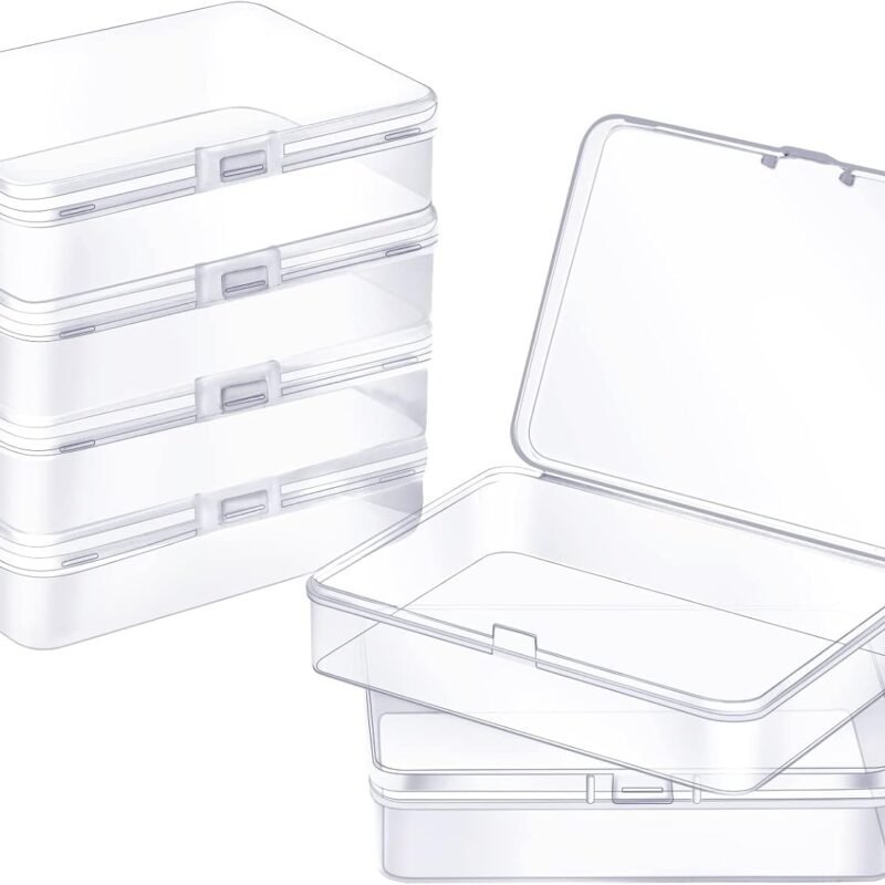 6 Pack Small Plastic Containers with Hinged Lids, Rectangle Clear Plastic Storage Boxes for Beads, Jewelry, Game Pieces and Crafts Items (4.5 x 3.3 x 1.1 Inch)