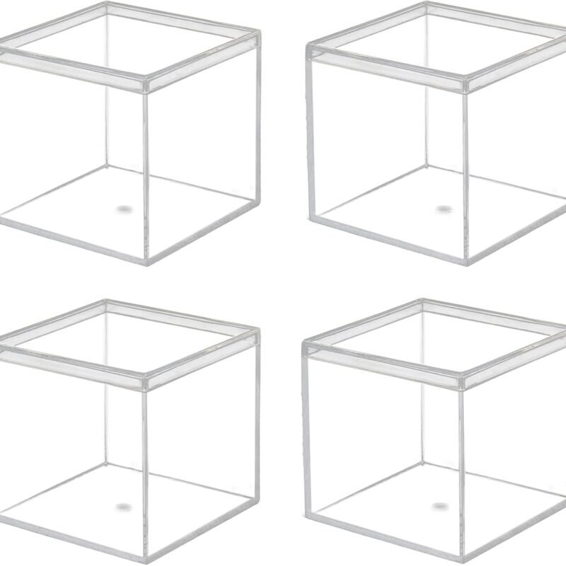 Clear Acrylic Box with Lid, 4 Pack 4x4x4 inches Clear Plastic Box for Organize, Acrylic Cube Storage Container Drawer Organizer for Vanity Jewelry Accessories, Small Items
