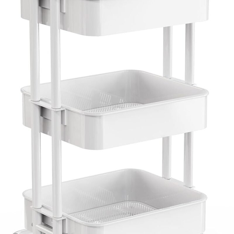 3 Tier Mesh Utility Cart, Rolling Metal Organization Cart with Handle and Lockable Wheels, Multifunctional Storage Shelves for Kitchen Living Room Office White