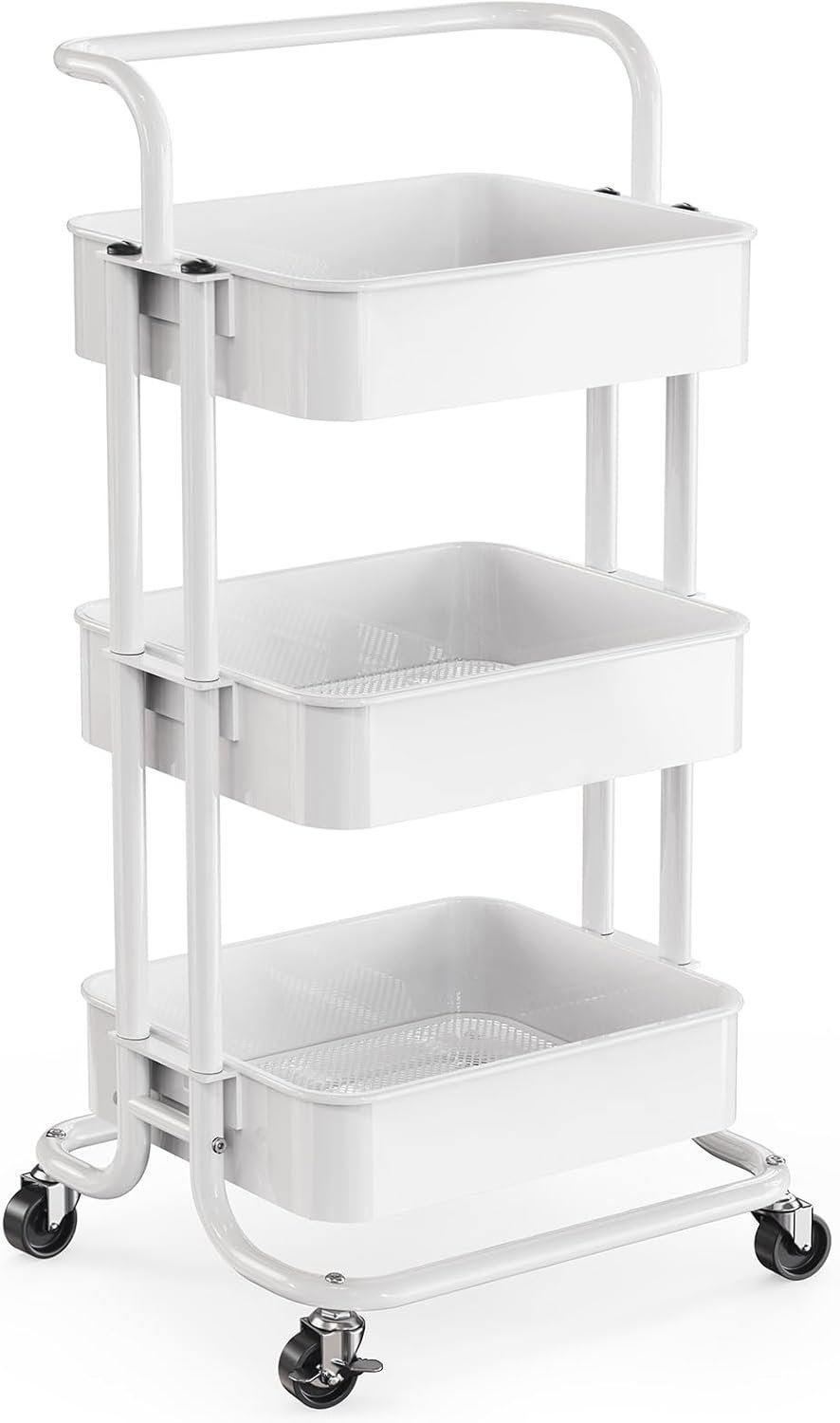 3 Tier Mesh Utility Cart, Rolling Metal Organization Cart with Handle and Lockable Wheels, Multifunctional Storage Shelves for Kitchen Living Room Office White