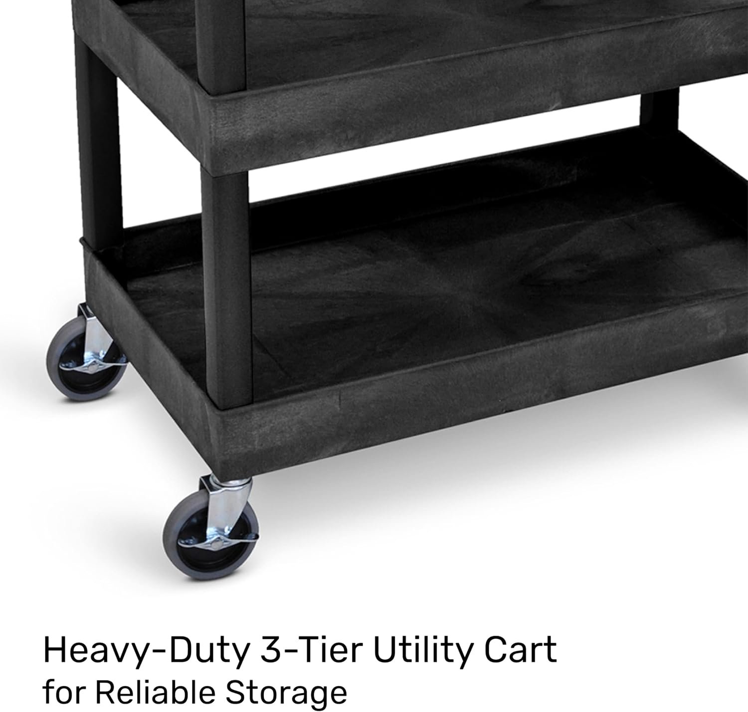 3-Tier Rolling Utility Cart with Wheels | Supports 300 lbs. Total | Heavy-Duty Capacity for Garage Storage, Office Spaces, & Kitchen Use | Durable Tool Cart with Locking Wheels (Black, 32 x 18) - Image 2