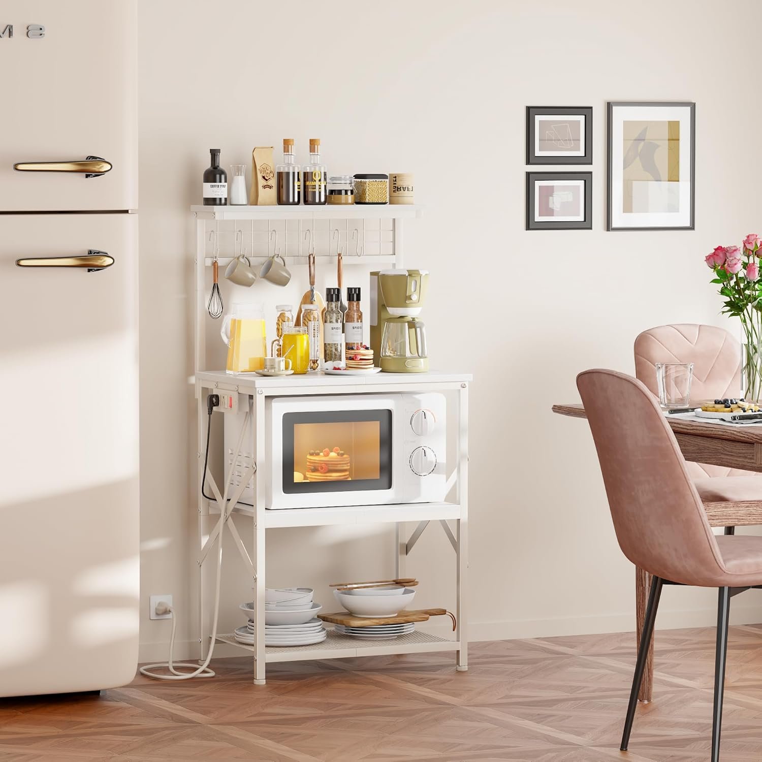 Kitchen Bakers Rack with Power Outlet, Microwave Oven Stand with Storage 4 Tiers, Coffee Bar Table with 6 S Hooks, Kitchen Storage Shelf Rack for Spices, Pots, White - Image 2