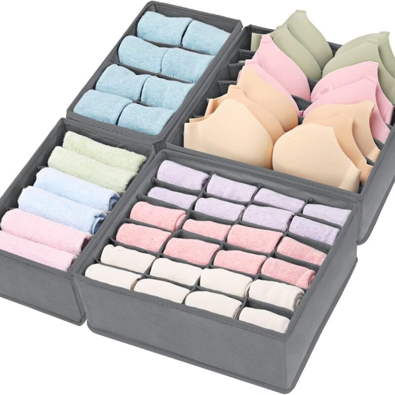 4 Pack Foldable Underwear and Bras Drawer Organizers, Fabric Closet Dresser Drawers Organizers Dividers, Clothing Storage Organizers Box for Lingerie, Panties, Socks, Briefs, Dark Gray