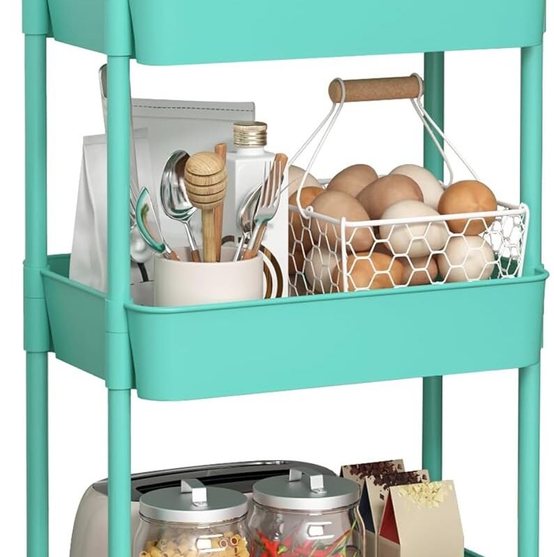 3-Tier Plastic Rolling Utility Cart with Handle, Multi-Functional Storage Trolley for Office, Living Room, Kitchen, Movable Storage Organizer with Wheels, Green
