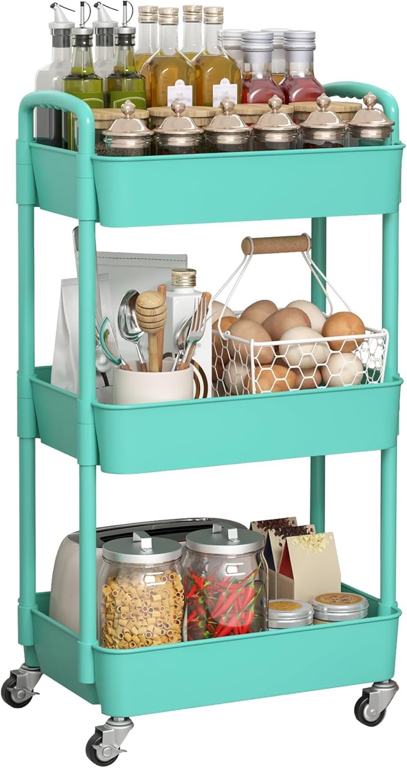 3-Tier Plastic Rolling Utility Cart with Handle, Multi-Functional Storage Trolley for Office, Living Room, Kitchen, Movable Storage Organizer with Wheels, Green