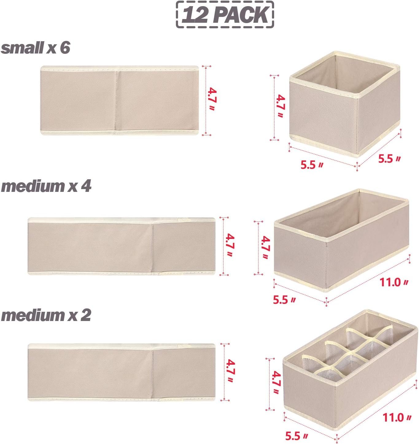 12 Pack Foldable Drawer Organizer Dividers Cloth Storage Box Closet Dresser Organizer Cube Fabric Containers Basket Bins for Underwear Bras Socks Panties Lingeries Nursery Baby Clothes Beige - Image 2