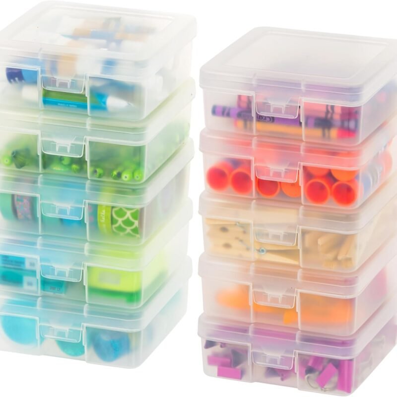Pencil Case Plastic Pouch Box Storage Organizer for Beads, Pens, and Art Supplies, 10-Pack, Stackable Container with Snap Lid for Jewelry, Stickers, and Tackle Box, Clear, Small