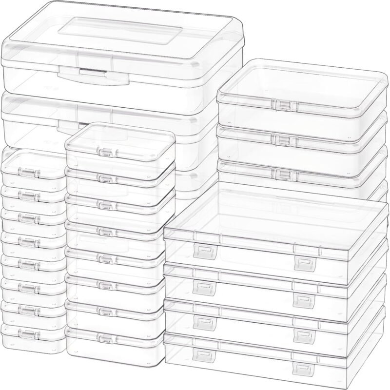 28 Pack Mixed Sizes Rectangular Mini Plastic Containers Clear Plastic Storage Boxes with Hinged Lids and Labels Empty Beads Organizers for Small Items Art Craft Jewelry Projects