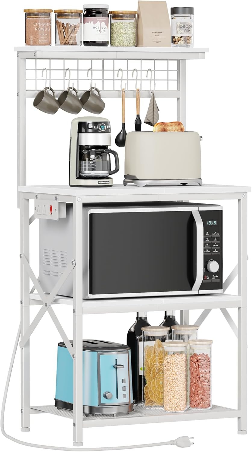 Kitchen Bakers Rack with Power Outlet, Microwave Oven Stand with Storage 4 Tiers, Coffee Bar Table with 6 S Hooks, Kitchen Storage Shelf Rack for Spices, Pots, White