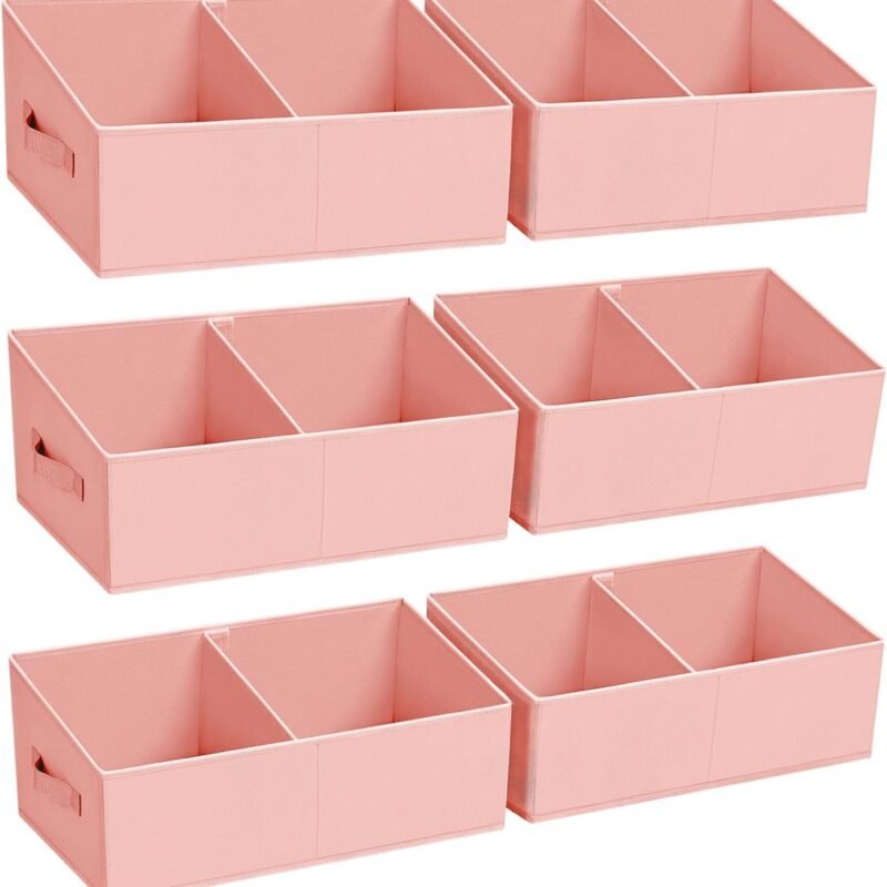 Large Closet Shelf Organizer Bins 6 Packs with Handles and Divider, Fabric Trapezoid Storage Baskets, Foldable Clothes Containers Box for Shelf, Towel, Book, Toy, Purse, Hats, Pink