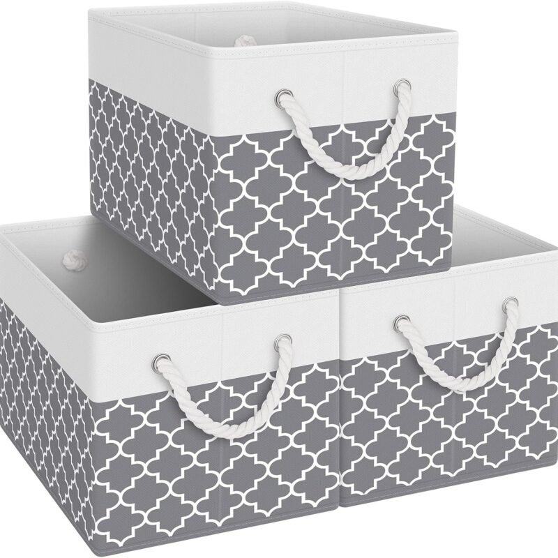 Storage Bins [3-Pack], Foldable Storage Baskets for Organizing Toys, Books, Shelves, Closet, Large Storage Box with Rope Handles, Sturdy Organizer Bins,Clover Grey
