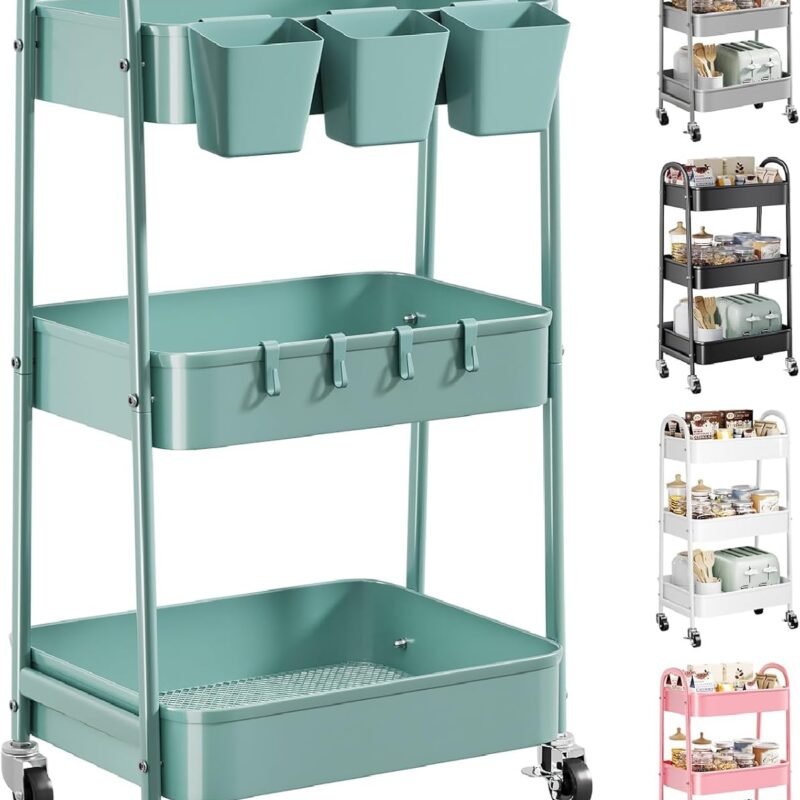 3 Tier Green Metal Rolling Cart with Lockable Wheels and Handle, 3 Tiered Utility Storage Organizer Carts for Teachers, Arts, Craft, Snack, Book, Bedside, Nursery, Cleaning Supplies, Easy Assembly