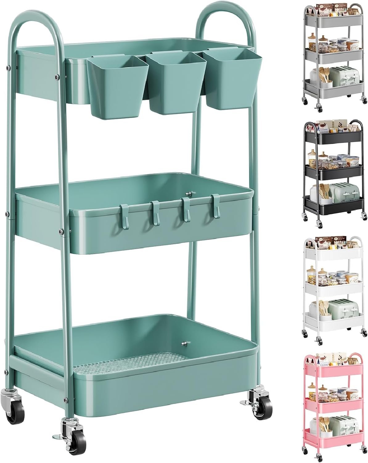 3 Tier Green Metal Rolling Cart with Lockable Wheels and Handle, 3 Tiered Utility Storage Organizer Carts for Teachers, Arts, Craft, Snack, Book, Bedside, Nursery, Cleaning Supplies, Easy Assembly