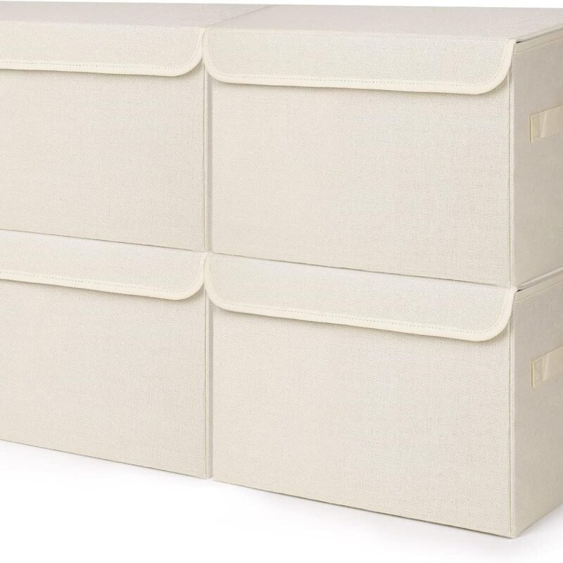 Large 22 Quart [4-Pack] Linen Fabric Foldable Storage Bin Cube Organizer Basket with Flip-Top Lid & Handles, Clothes Blanket Box for Home, Office, Closet (14.6 x 9.5 x 9.5, Beige)