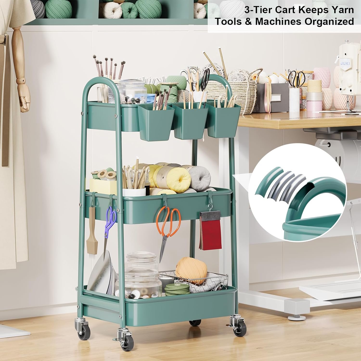 3 Tier Green Metal Rolling Cart with Lockable Wheels and Handle, 3 Tiered Utility Storage Organizer Carts for Teachers, Arts, Craft, Snack, Book, Bedside, Nursery, Cleaning Supplies, Easy Assembly - Image 2