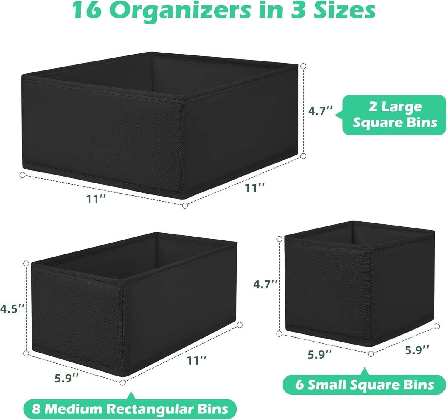 Drawer Clothes Organizer 16-Pack, Black 3 Sizes Underwear Drawer Dividers, Fabric Folding Wardrobe Organizer, Can Store Baby Clothes, Bras, Underwear, Panties, Belts, Socks, Ties, etc. - Image 2