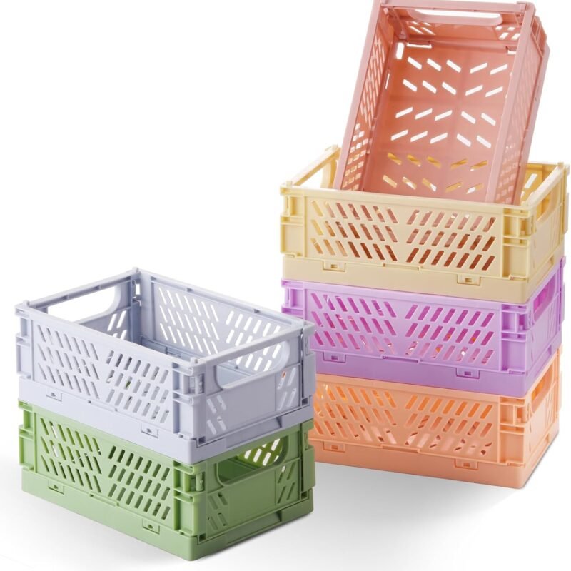 6-Pack Small Pastel Plastic Storage Baskets, Collapsible Crates for Organizing, Space-Saving Mini Bins for Classroom, Kitchen, Office, Bedroom (5.9" x 3.8" x 2.2")
