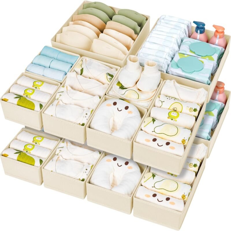 Drawer Organizer Clothes 15 Pack - Foldable Baby Organizers and Storage & Dresser Organizer for Bedroom, Closet - Nursery Organization Dresser Dividers for underwear, Sock,Bra, Belt, Tie, Beige