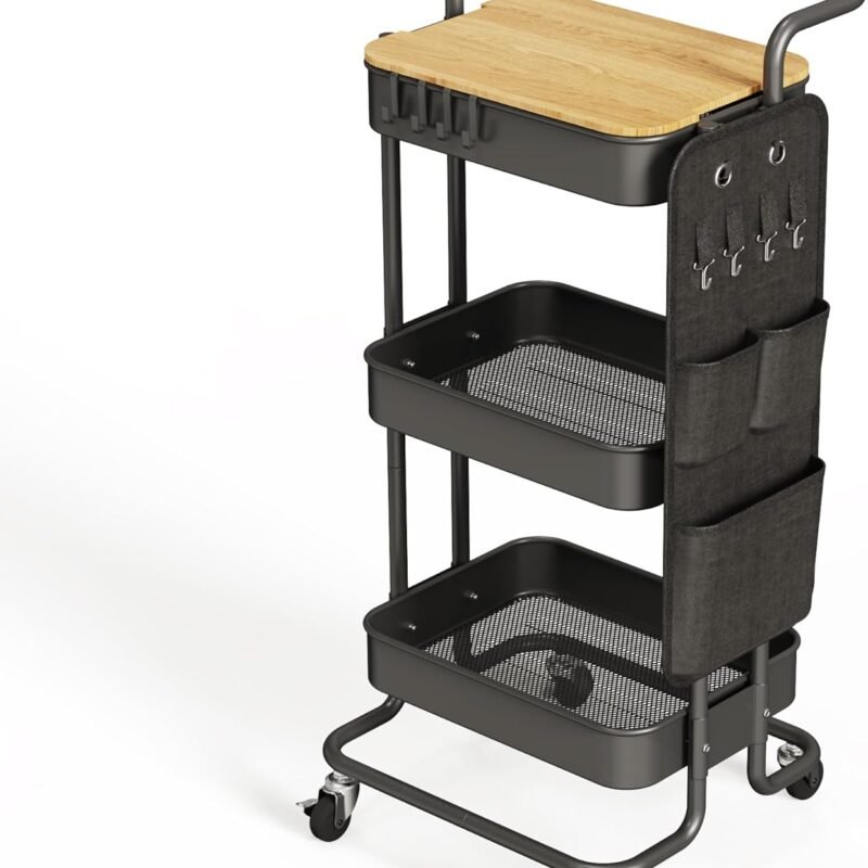 3 Tier Metal Utility Rolling Cart with Table Top and Side Bags, Tray Storage Organizer Wheels, Art Craft 4 Hooks for Kitchen Bathroom Office Living Room (Black)