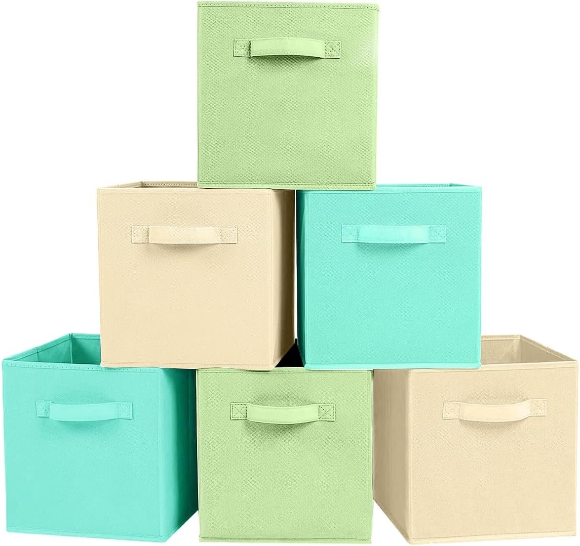 Storage Bins, Foldable Fabric Storage Cubes And Cloth Storage Organizer Drawer For Closet And Toys Storage, 6 Pack (Beige+Green+Mint Green)