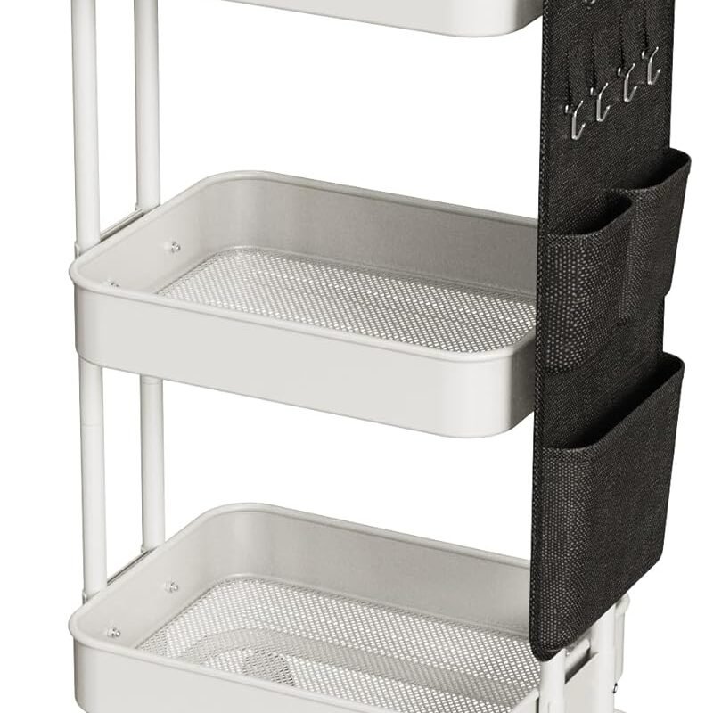 3 Tier Metal Utility Rolling Cart with Table Top and Side Bags, Metal Tray Storage Organizer Cart with Wheels, Art Craft Cart with 4 Hooks for Kitchen Bathroom Office Living Room (White)