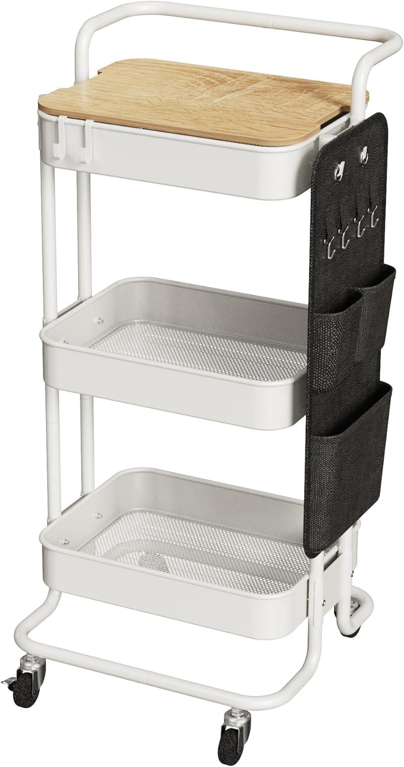 3 Tier Metal Utility Rolling Cart with Table Top and Side Bags, Metal Tray Storage Organizer Cart with Wheels, Art Craft Cart with 4 Hooks for Kitchen Bathroom Office Living Room (White)