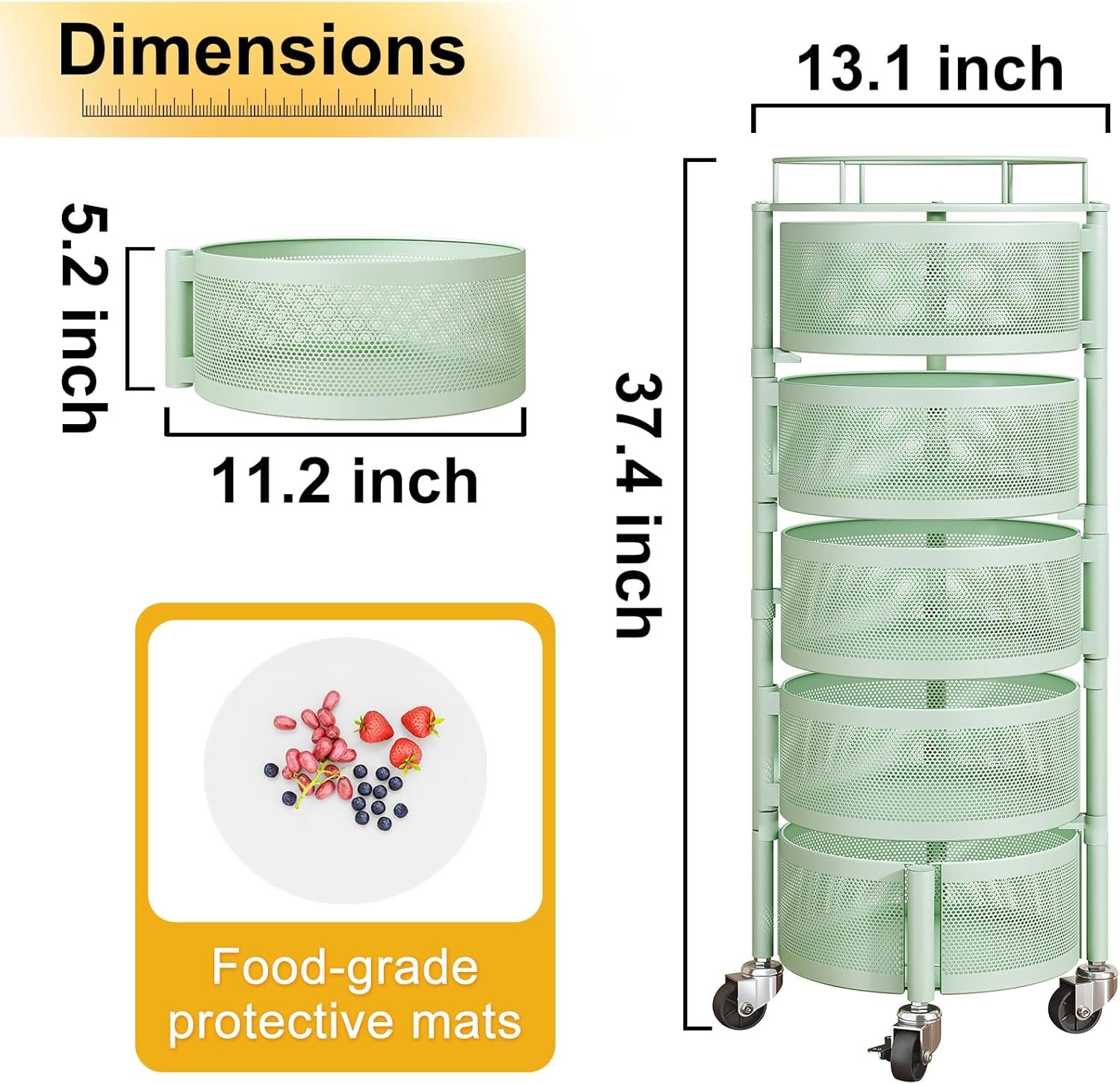 Fruit and Vegetable Basket Bowls for Kitchen with Metal Top Lid, 5 Tier Rotating Storage Rack Cart for Potato Onion Bread Banana, Wire Basket Organizer on Wheels, Large (Green) - Image 2