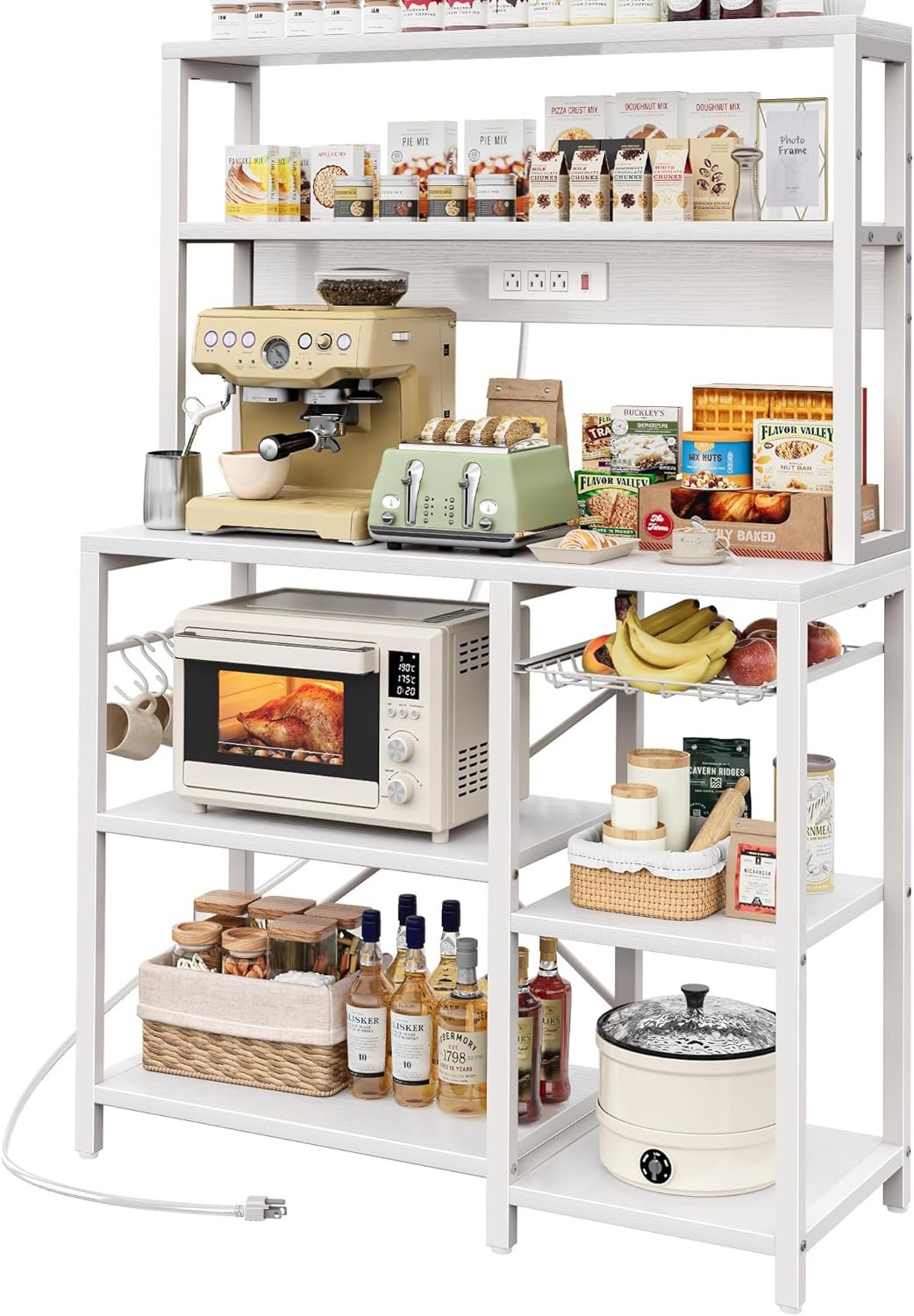 Bakers Rack with Power Outlet, 35.4 Inches Coffee Bar with Wire Basket, Kitchen Microwave Stand with 6 S-Shaped Hooks, Open Storage Shelves, White
