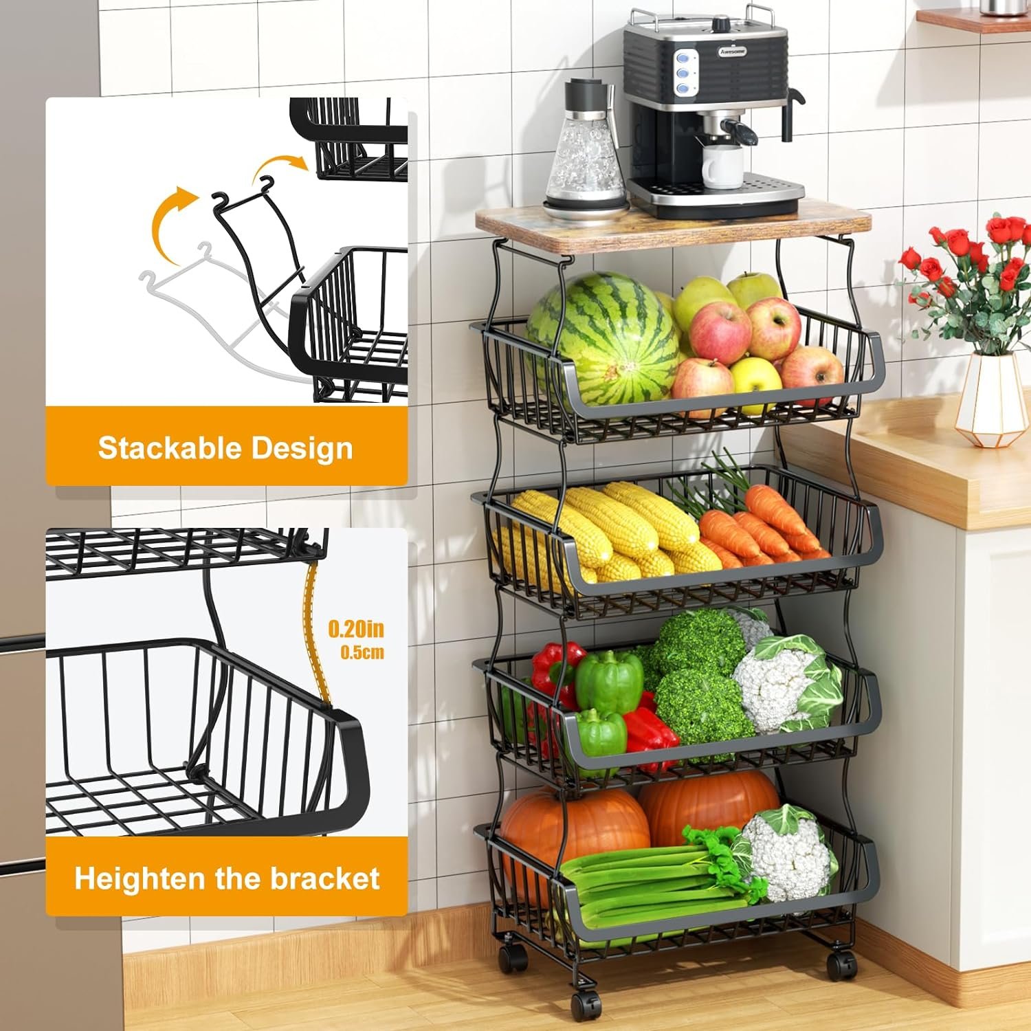Fruit Vegetable Basket for Kitchen, 5 Tier Stackable Fruit Vegetable Storage Baskets with Wheels, Metal Wire Storage Basket Organizer Baskets for Kitchen, Pantry, Bathroom - Image 2