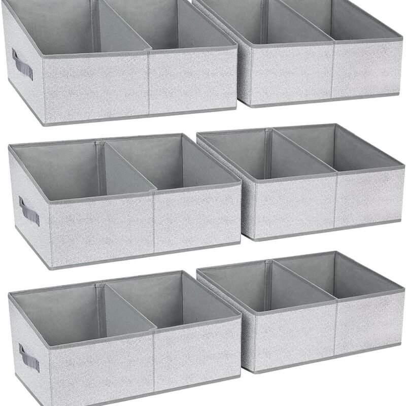 Large Closet Shelf Organizer Bins 6 Packs with Handles and Divider, Fabric Trapezoid Storage Baskets, Foldable Clothes Containers Box for Shelf, Towel, Book, Toy, Purse, Hats, Grey