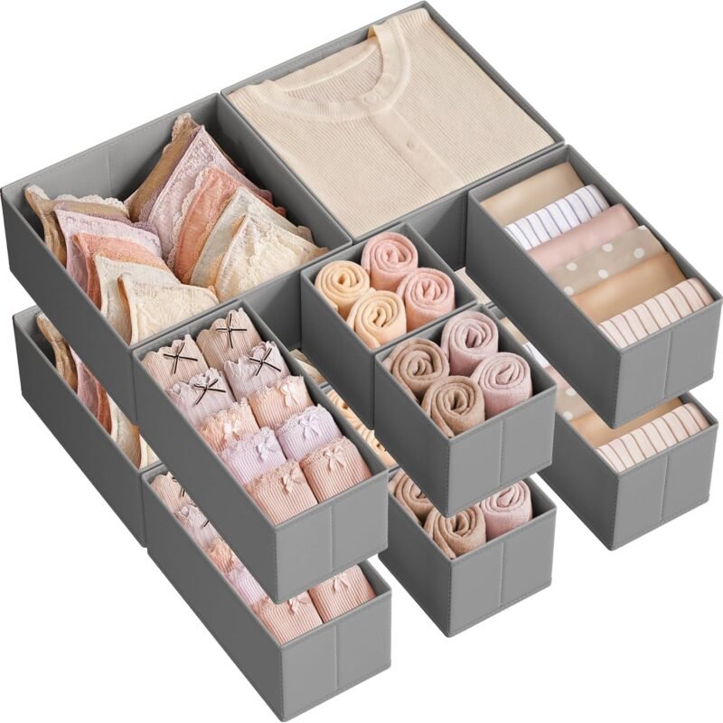 Drawer Organizer, Dresser Drawer Organizers, Set of 12, Foldable Fabric Storage Bins for Socks, Underwear, Bras, Ties, Scarves, Dove Gray