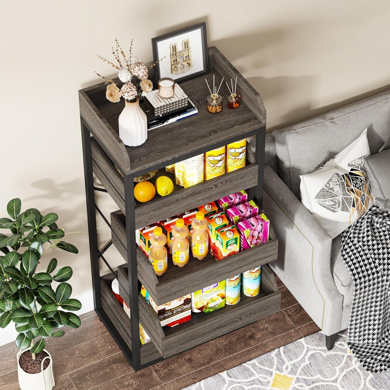 Wood Fruit and Vegetable Storage Rack, 5-Tier Pull-Out Snack Stand Fruit Basket Stand, Utility Shelf Organizer for Kitchen, Living Room, Bedroom, Gray - Image 2