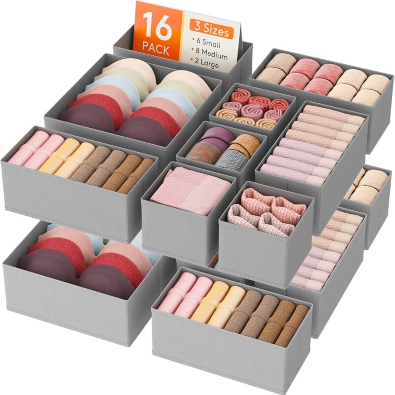 Drawer Organizer Clothes for Closet 16 Pack, 3 Sizes Underwear Wardrobe Drawer Dividers, Fabric Foldable Dresser Storage Organizer Bins for Sock, Bra, Lingerie, Undies, Grey