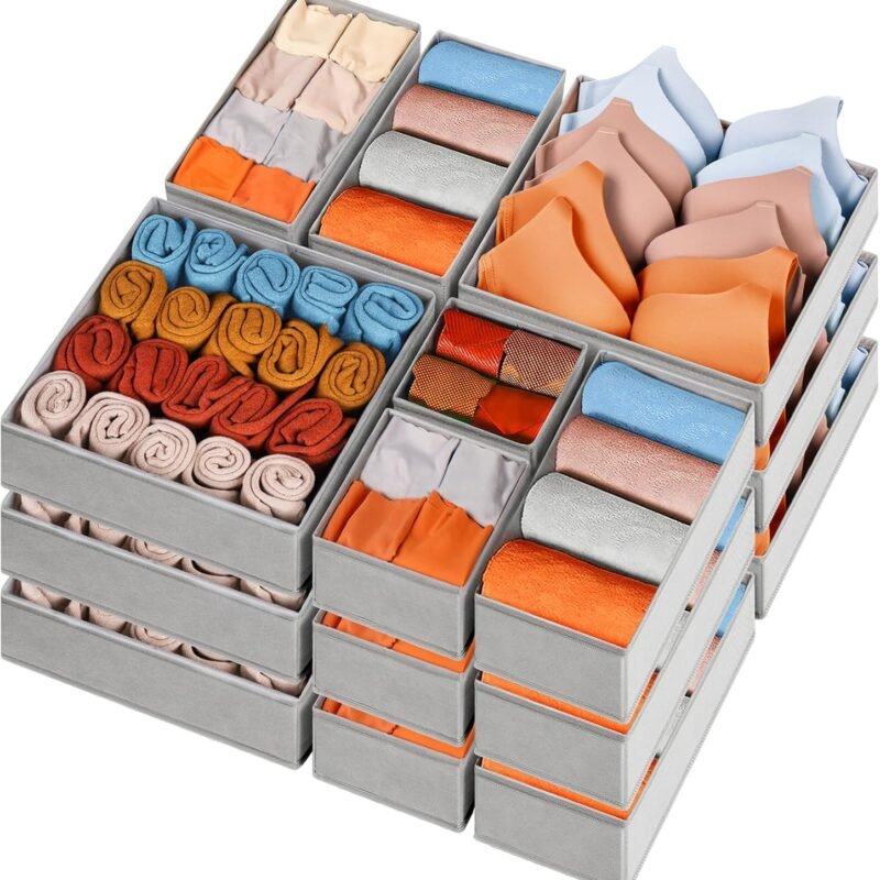 Drawer Organizers for Clothing 15 Pack, Foldable Fabric Closet Organizers and Storage Bins for Baby Clothes, Dresser Drawer Dividers for Adult Sock Underwear, Bra, Nursery Organization (Grey)