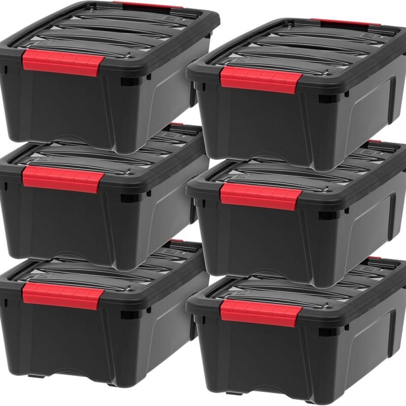 13 QT Plastic Storage Box with Lid and Latches - 6 Pack - BPA-Free, Garage Organizing Solution, Durable Nestable Stackable Containers, Secure Pull Handle - Black