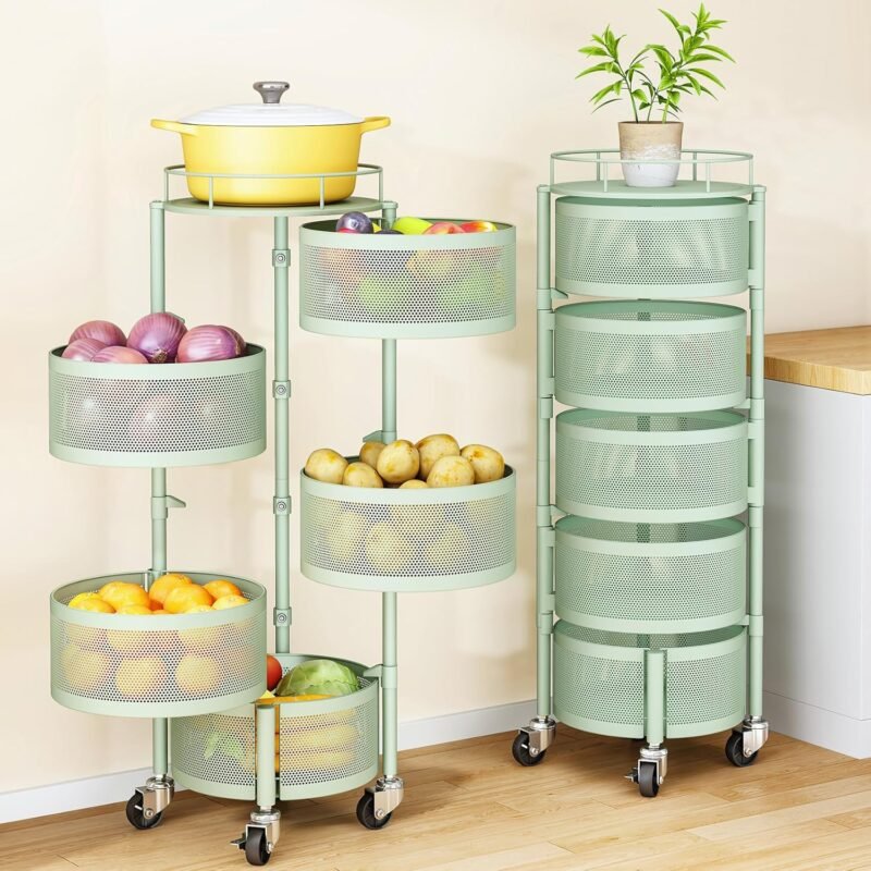 Fruit and Vegetable Basket Bowls for Kitchen with Metal Top Lid, 5 Tier Rotating Storage Rack Cart for Potato Onion Bread Banana, Wire Basket Organizer on Wheels, Large (Green)